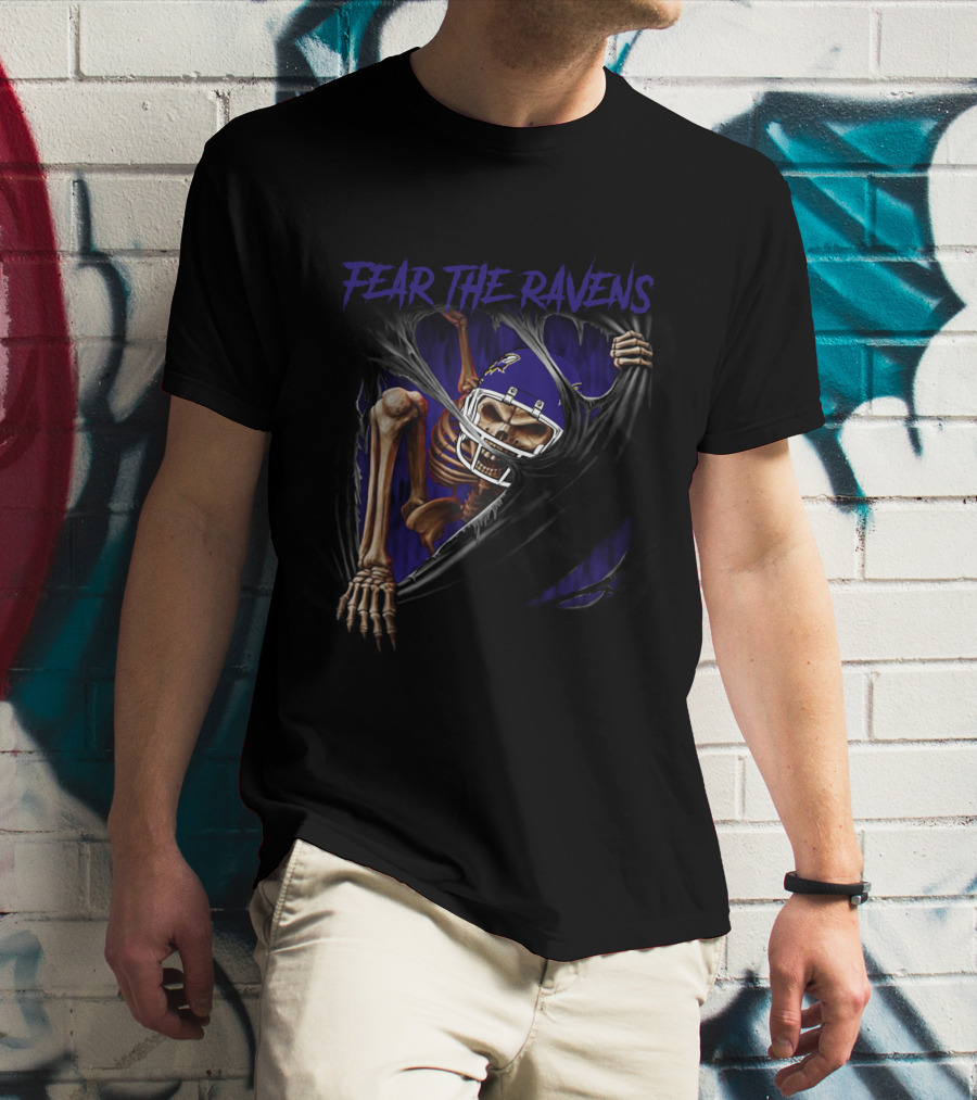Fear The Ravens Baltimore NFL Skeleton Ravens Helmet Tear T-Shirt