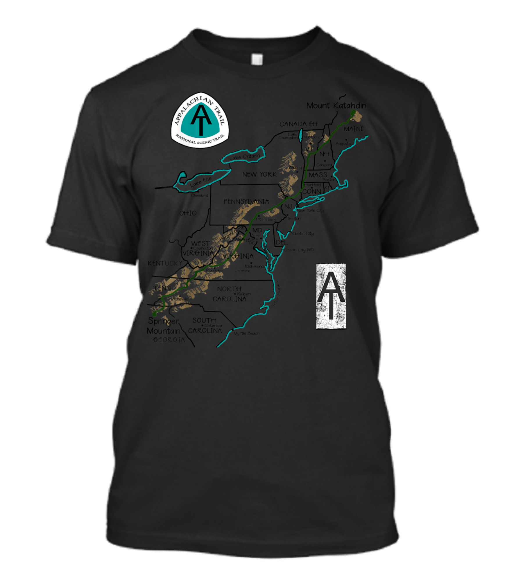 Appalachian Trail National Scenic Trail Map With Mount Katahdin And Springer Mountain T-Shirt