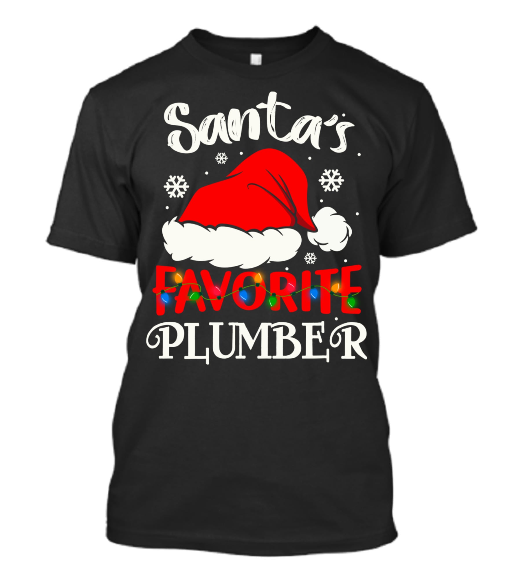 Santa's Favorite Plumber Christmas Hat Snowflakes Lights T-Shirt