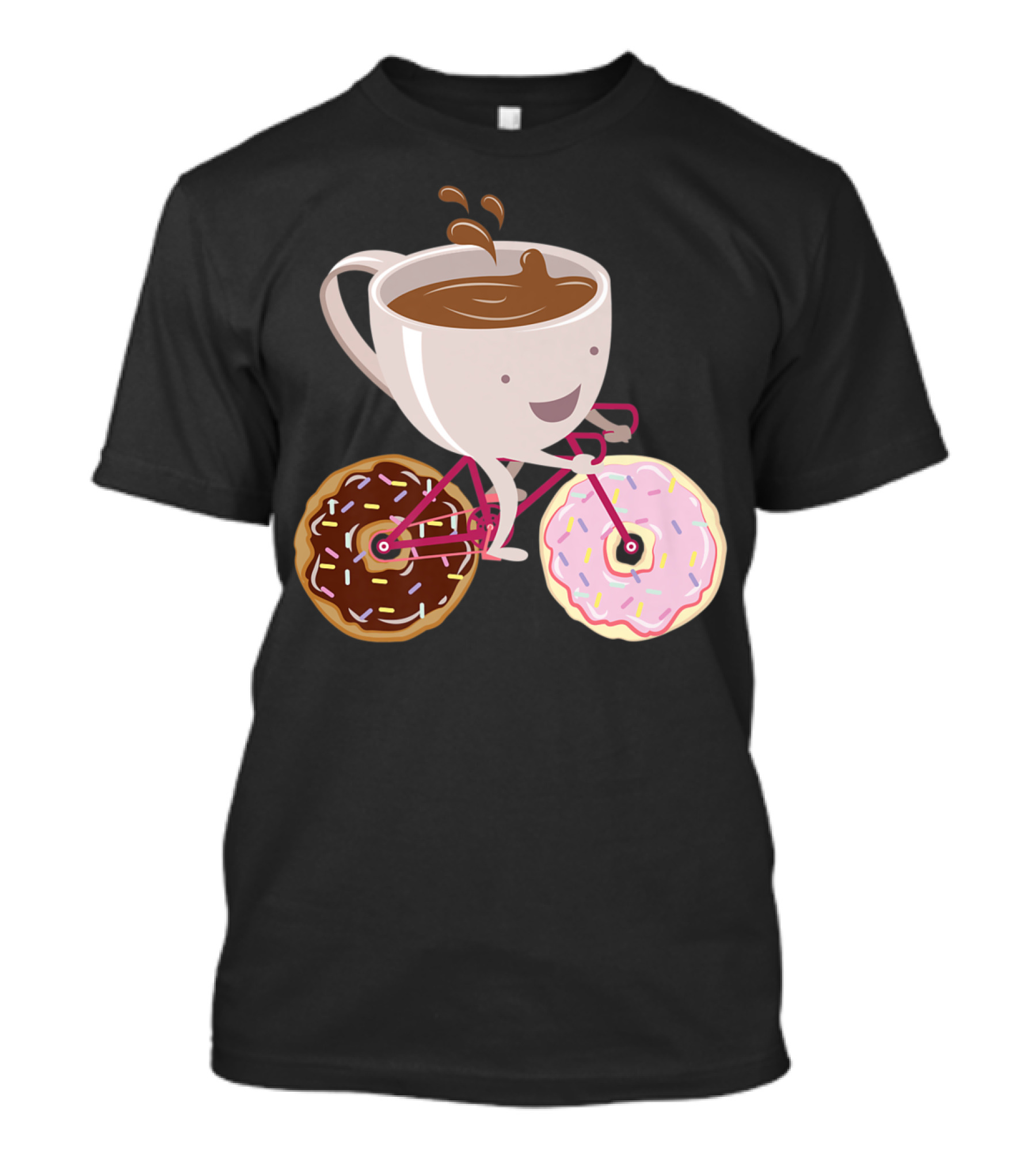 Coffee Cup Riding Bicycle With Donut Wheels Hand Drawn T-Shirt