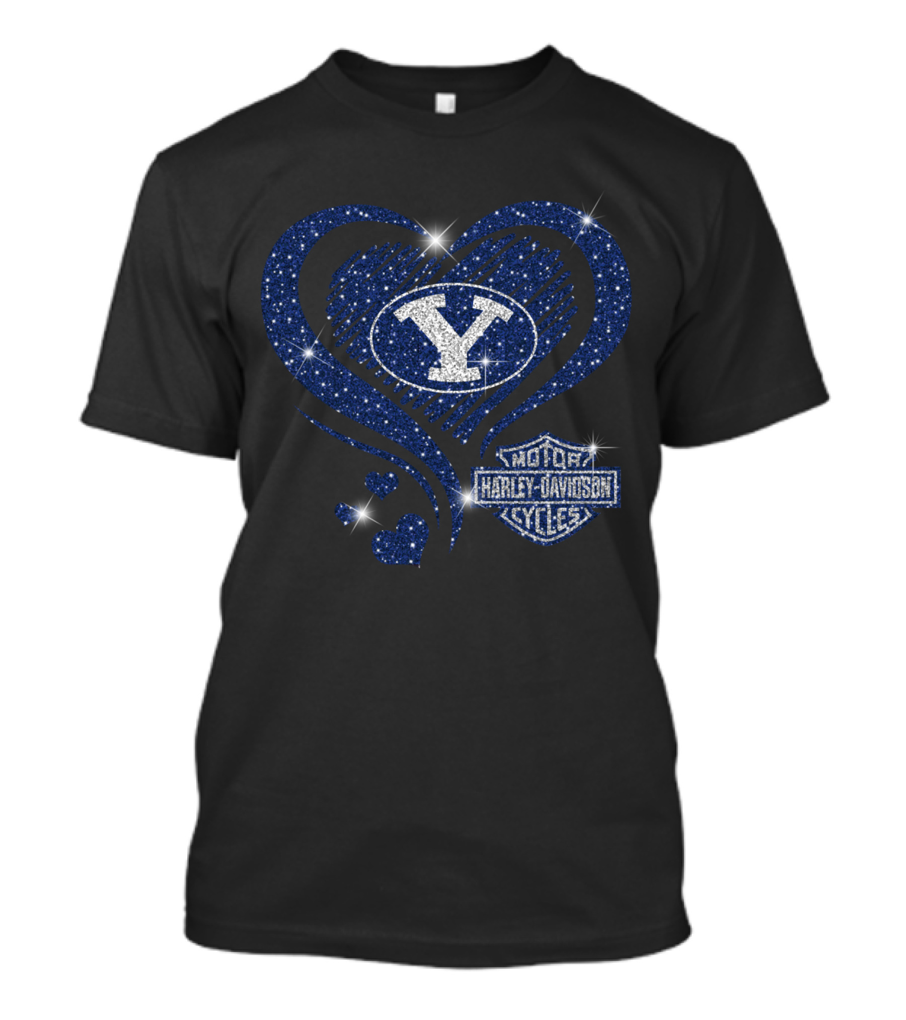 Byu Cougars Y Logo And Harley Davidson Motorcycles Blue Heart T-Shirt