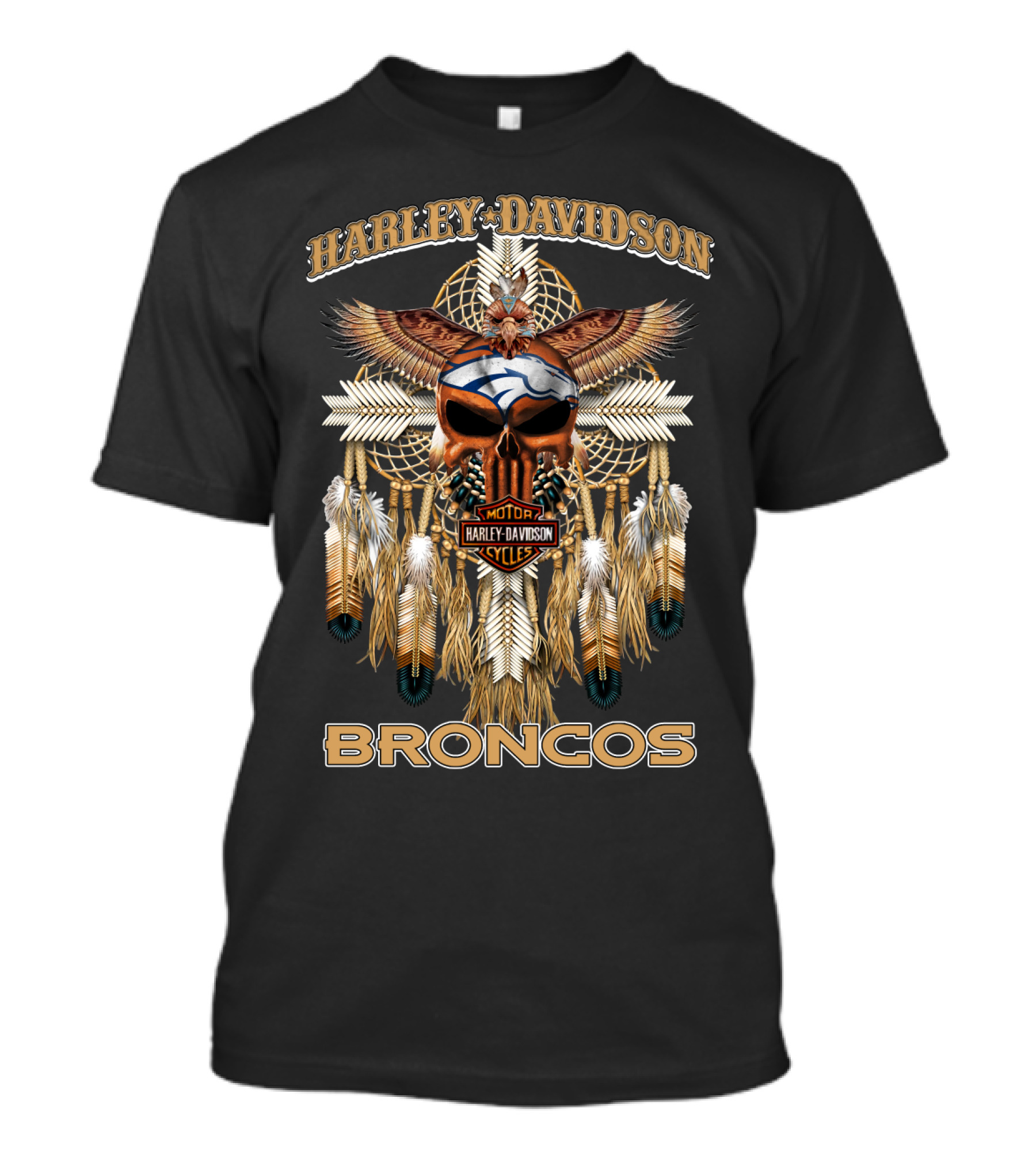 Harley Davidson Denver Broncos Feather And Skull T-Shirt