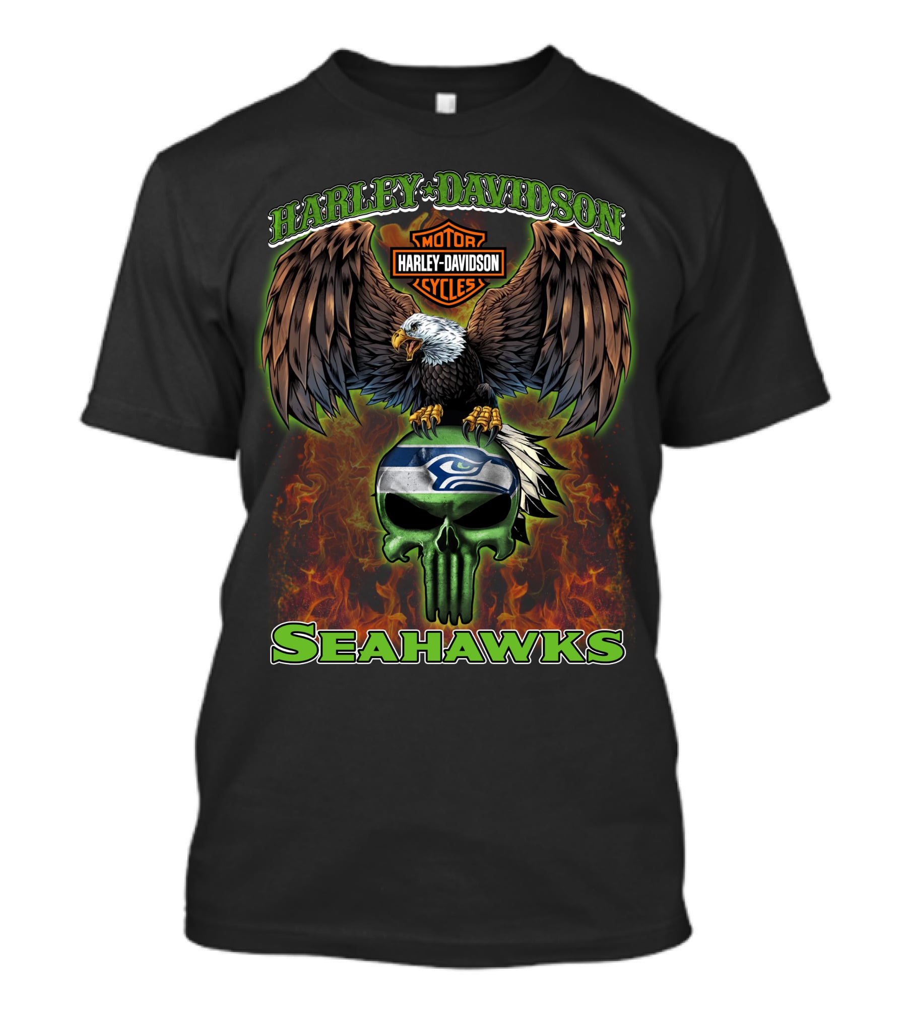 Harley Davidson Seahawks Motorcycles Eagle Skull T-Shirt