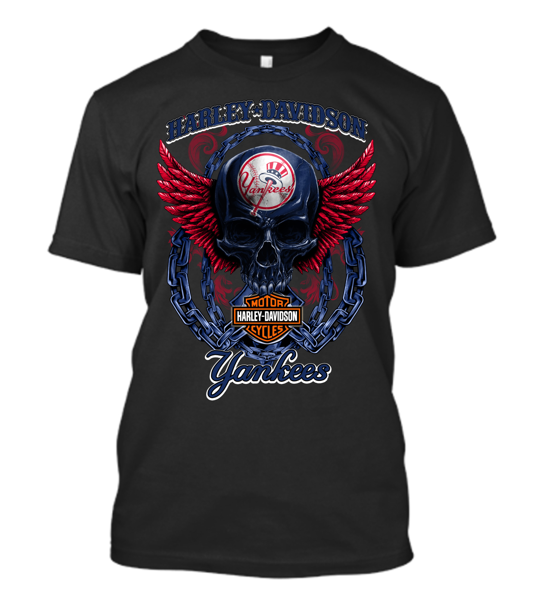 Harley Davidson Yankees Skull With Wings And Chains T-Shirt
