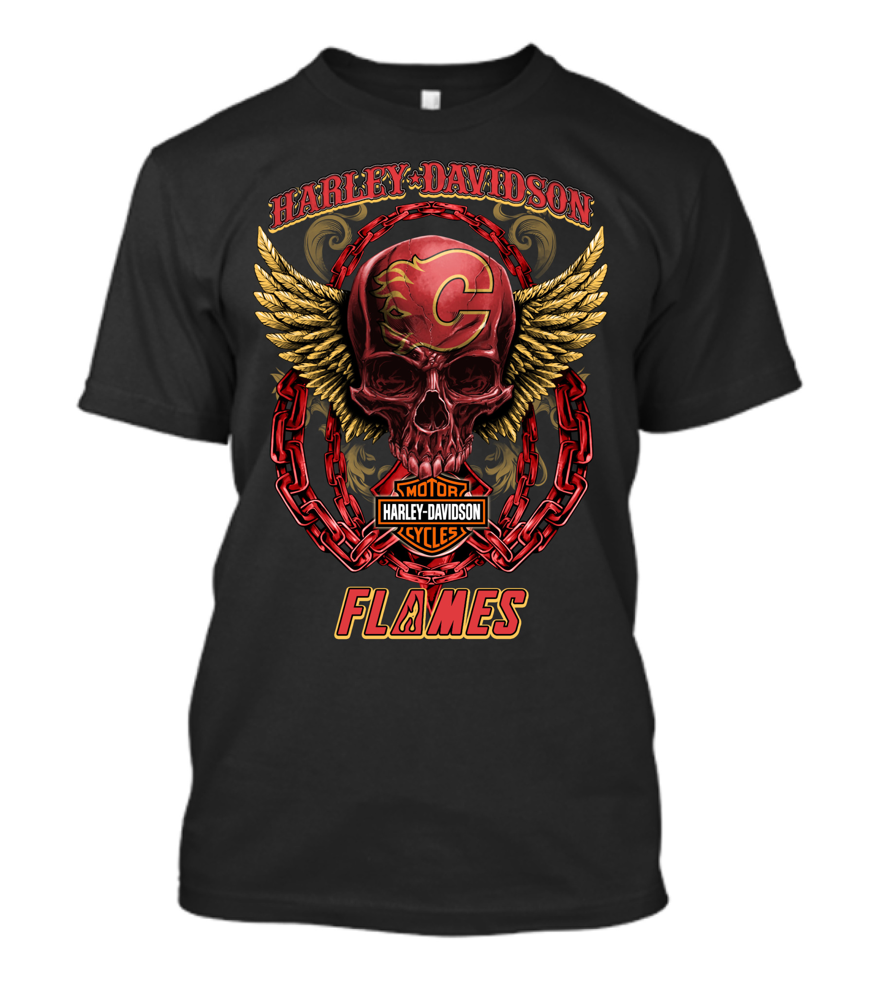 Harley Davidson Calgary Flames Skull Wings Chains T-Shirt