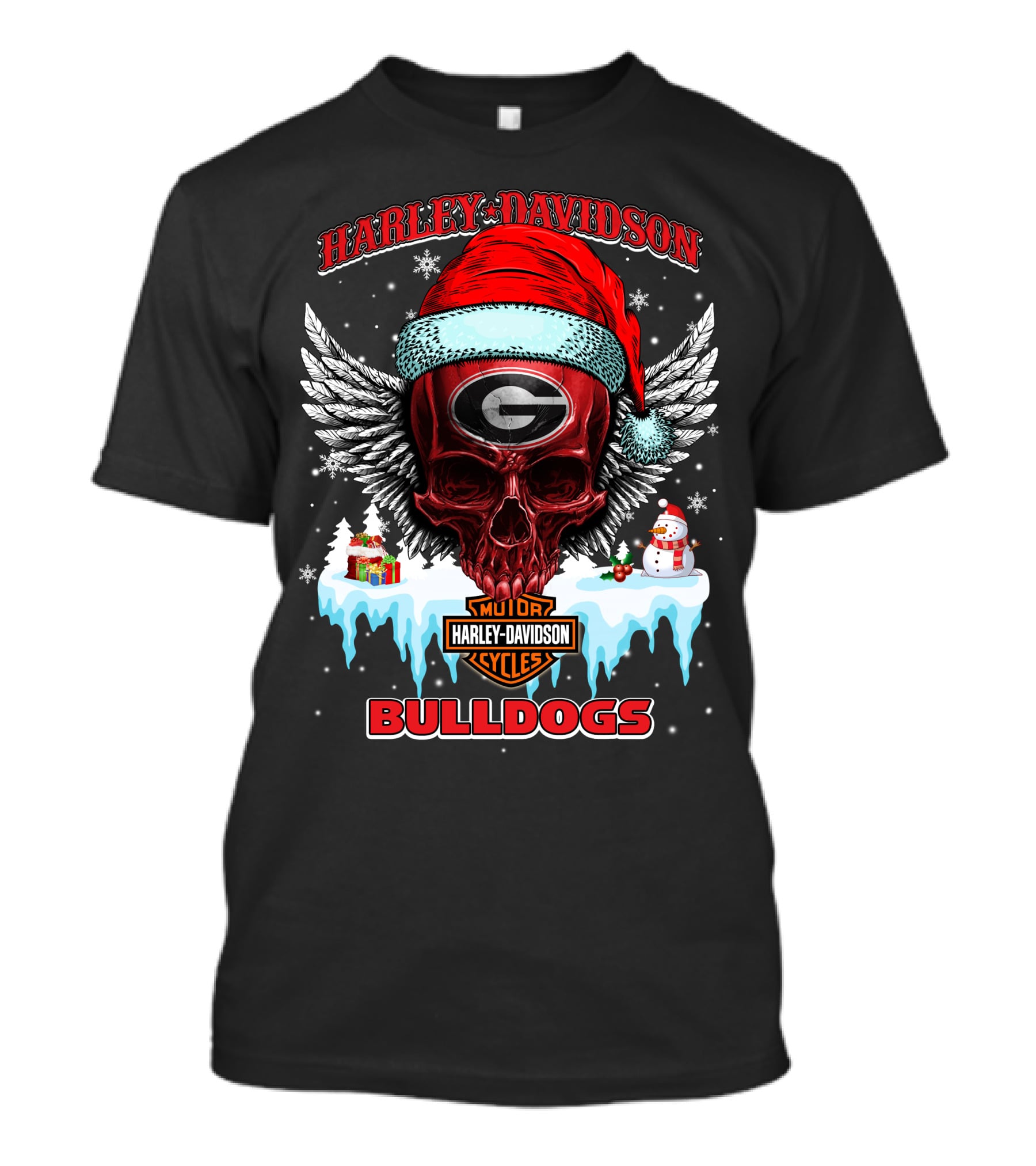 Harley Davidson Georgia Bulldogs Christmas Skull With Santa Hat T-Shirt