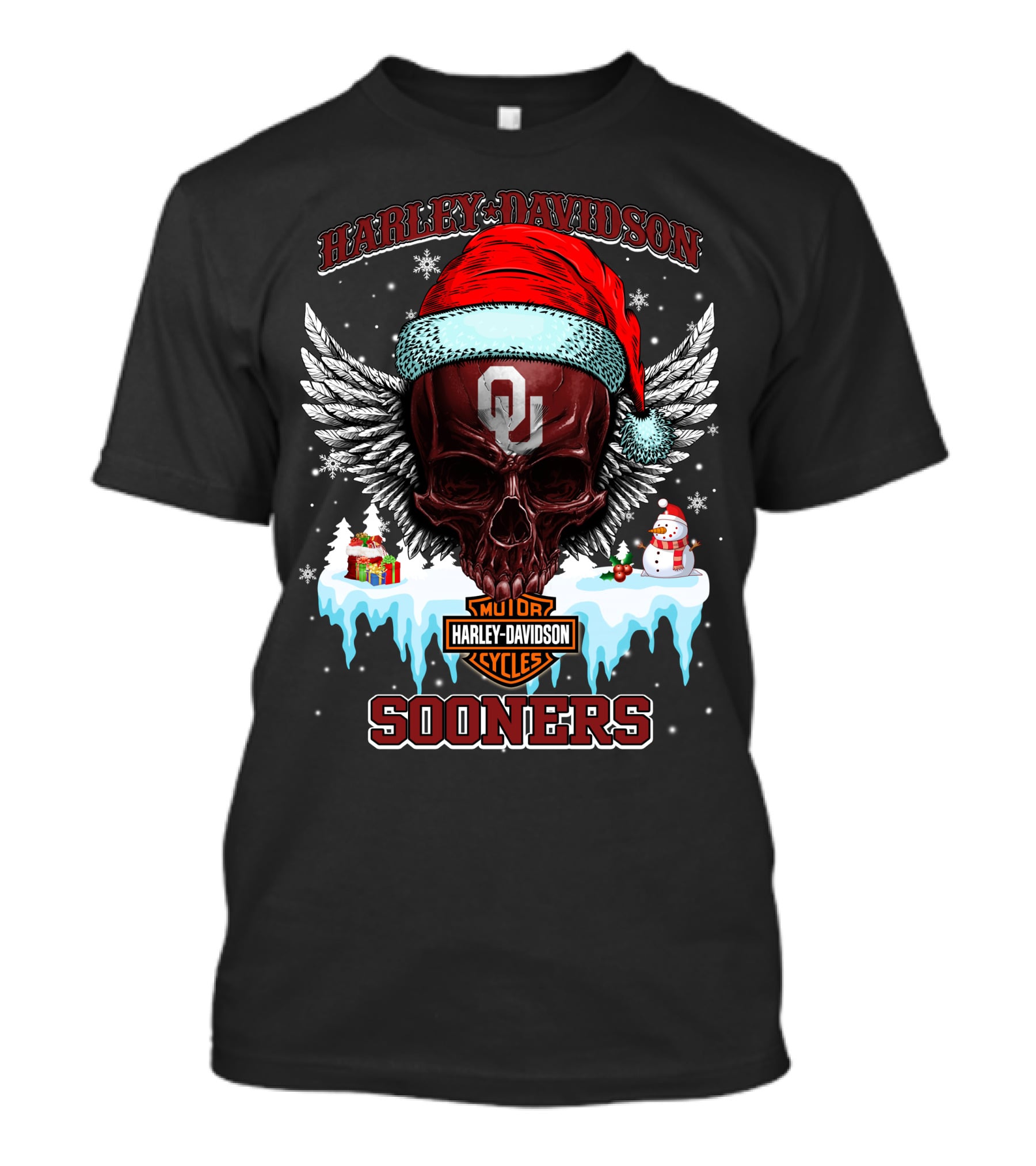 Harley Davidson Oklahoma Sooners Christmas Skull Wings T-Shirt
