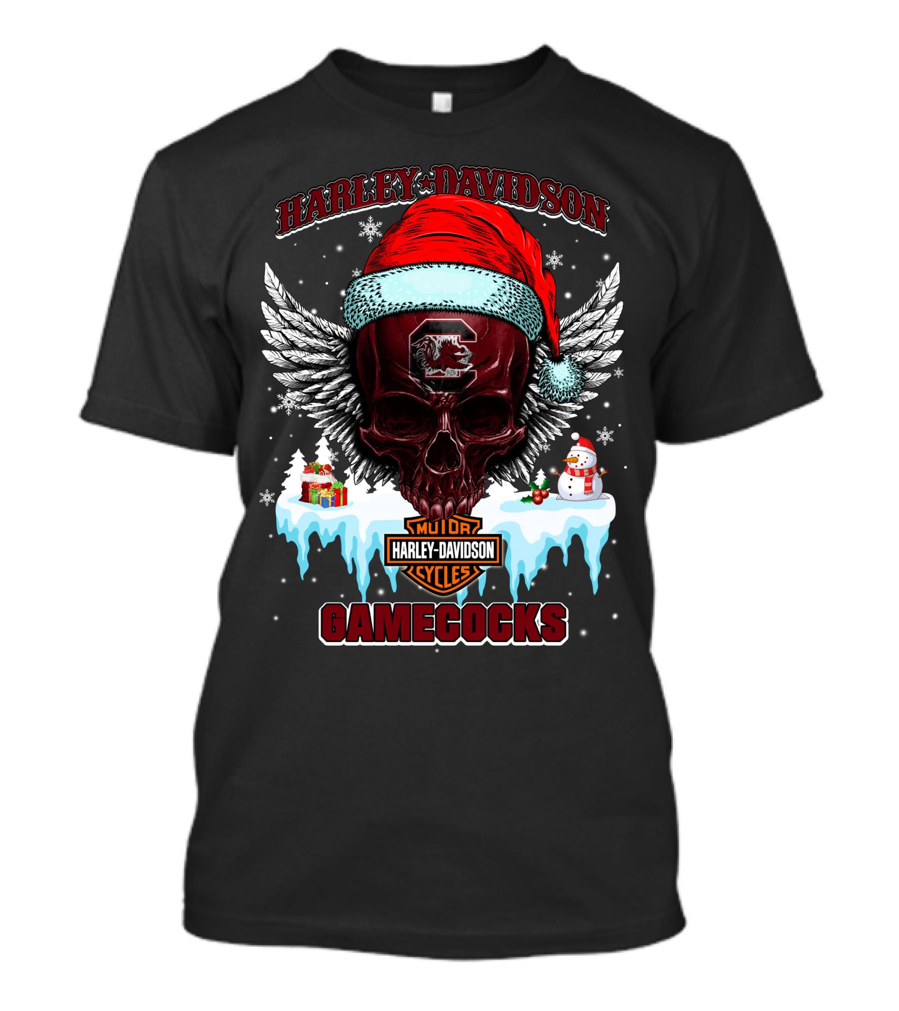 Harley Davidson Gamecocks Christmas Skull With Santa Hat And Snowman T-Shirt