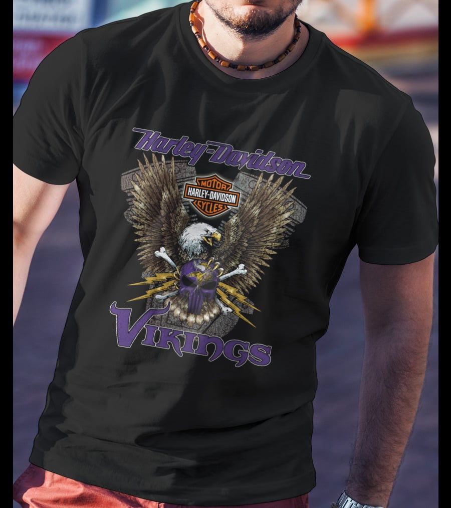 Harley Davidson Vikings Skull Eagle Nfl Minnesota T-Shirt