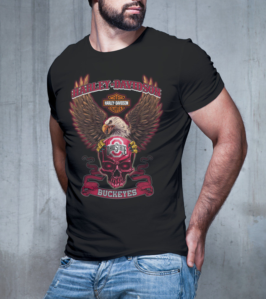 Harley Davidson Ohio State Buckeyes Eagle Skull T-Shirt