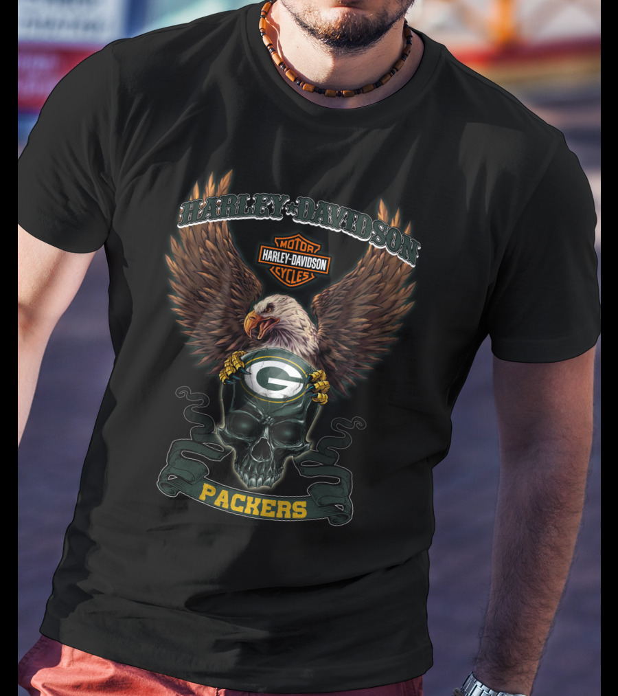 Harley Davidson Motor Cycles Nfl Green Bay Packers Eagle Skull T-Shirt