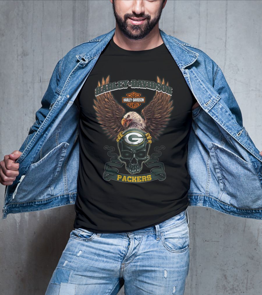 Harley Davidson Motor Cycles Nfl Green Bay Packers Eagle Skull T-Shirt
