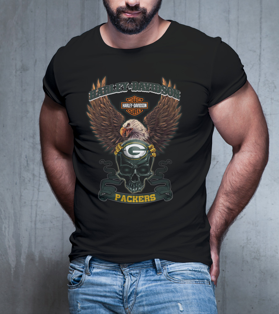 Harley Davidson Motor Cycles Nfl Green Bay Packers Eagle Skull T-Shirt