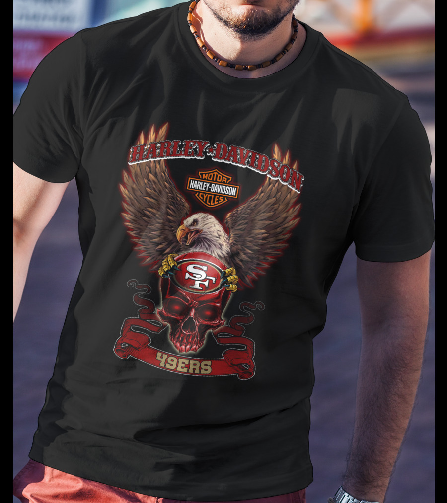 Harley Davidson Motor Cycles San Francisco 49ers Eagle Skull 49ers T-Shirt