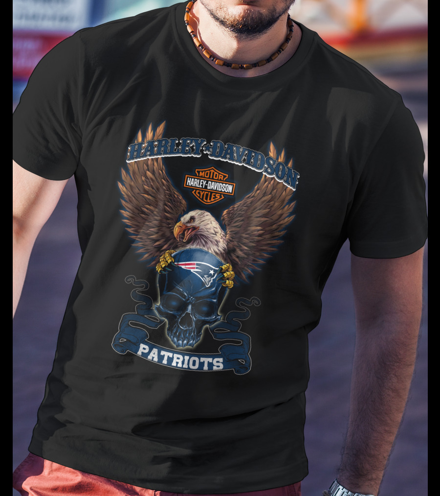 New England Patriots Harley Davidson Motor Cycles Eagle Skull T-Shirt