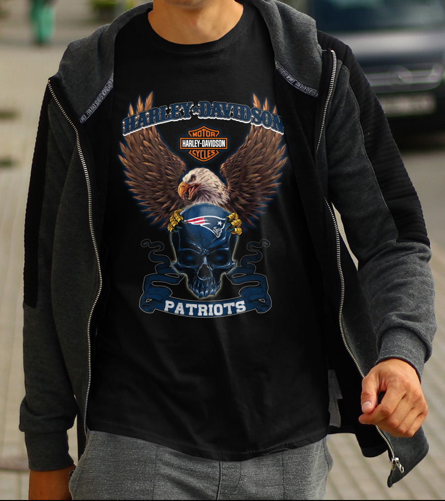 New England Patriots Harley Davidson Motor Cycles Eagle Skull T-Shirt