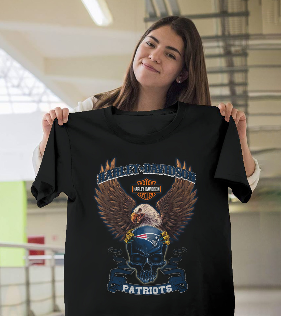 New England Patriots Harley Davidson Motor Cycles Eagle Skull T-Shirt