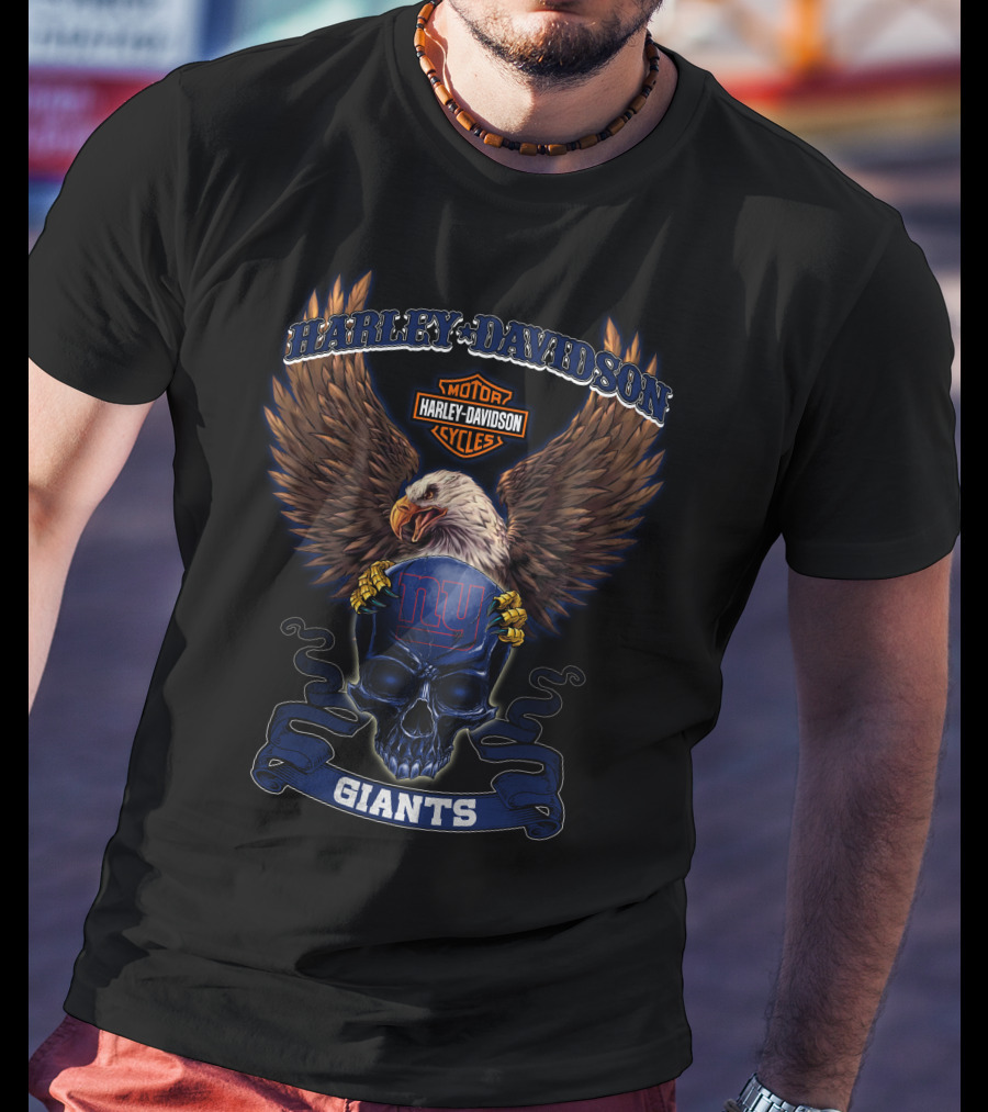 Harley Davidson Motor Cycles Ny Giants Eagles Skull T-Shirt