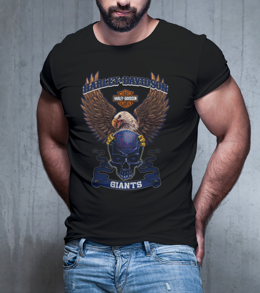 Harley Davidson Motor Cycles Ny Giants Eagles Skull T-Shirt