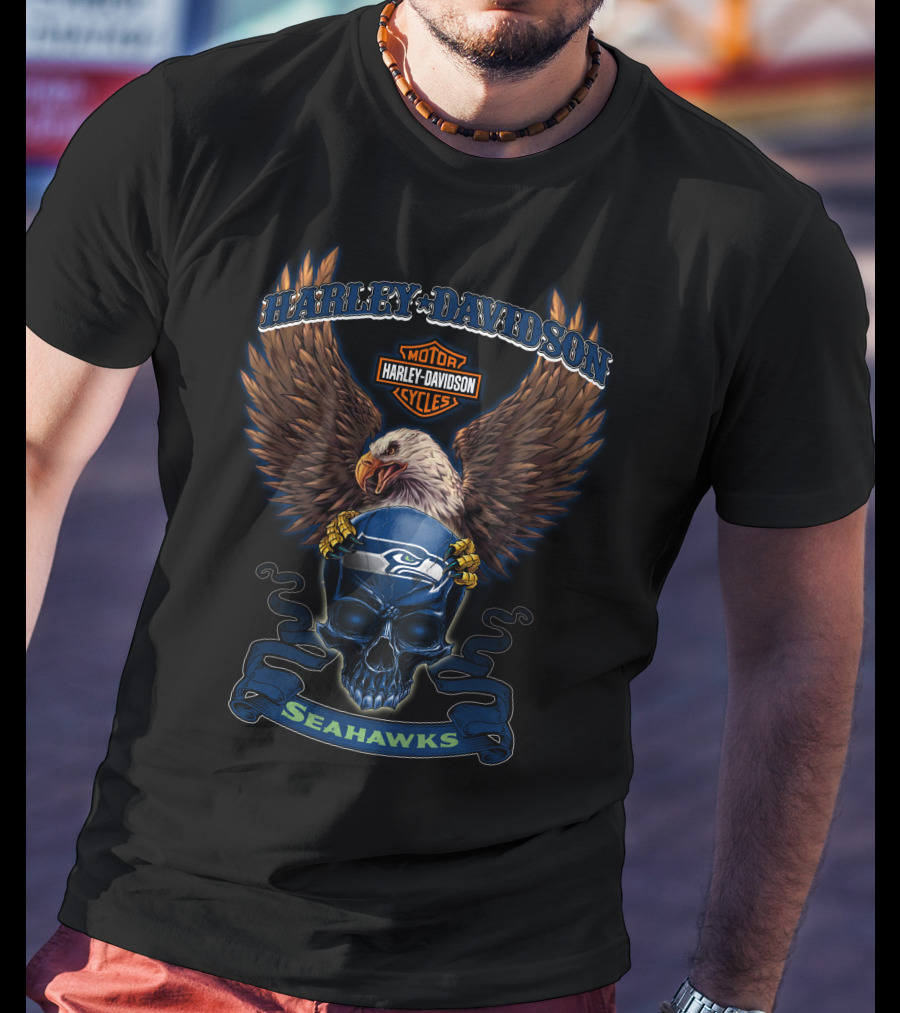 Harley Davidson Seattle Seahawks Bald Eagle Skull Cycles T-Shirt