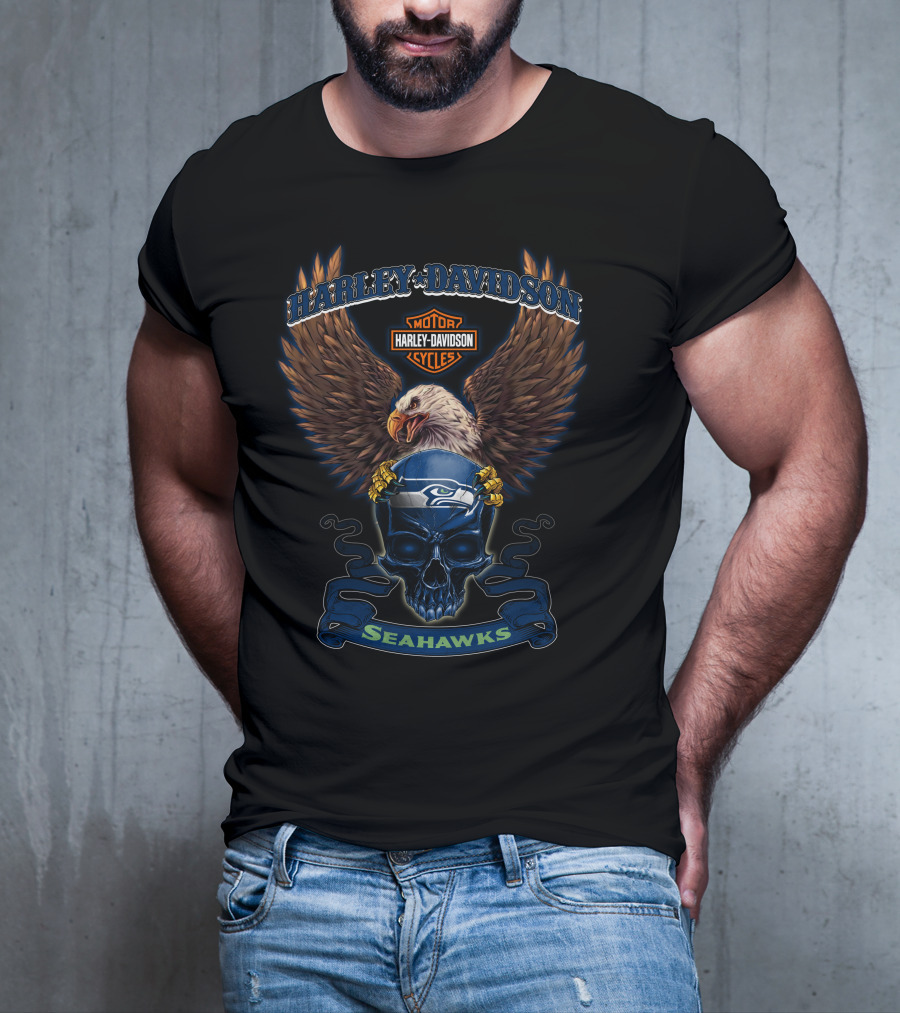 Harley Davidson Seattle Seahawks Bald Eagle Skull Cycles T-Shirt