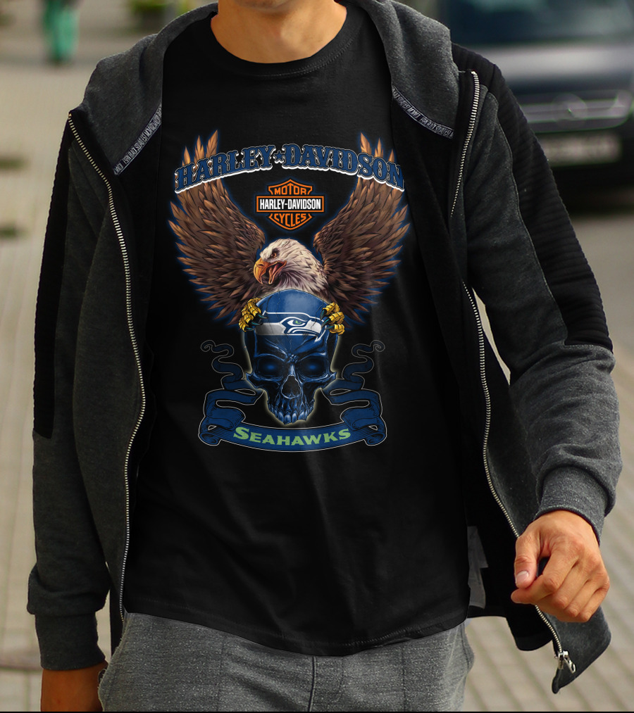 Harley Davidson Seattle Seahawks Bald Eagle Skull Cycles T-Shirt