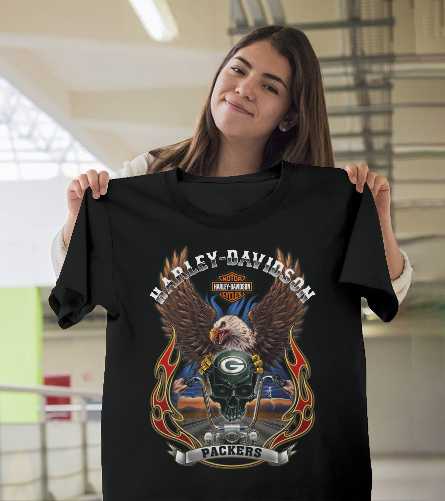 Harley Davidson Motor Cycles Packers Green Bay Eagle Skull T-Shirt