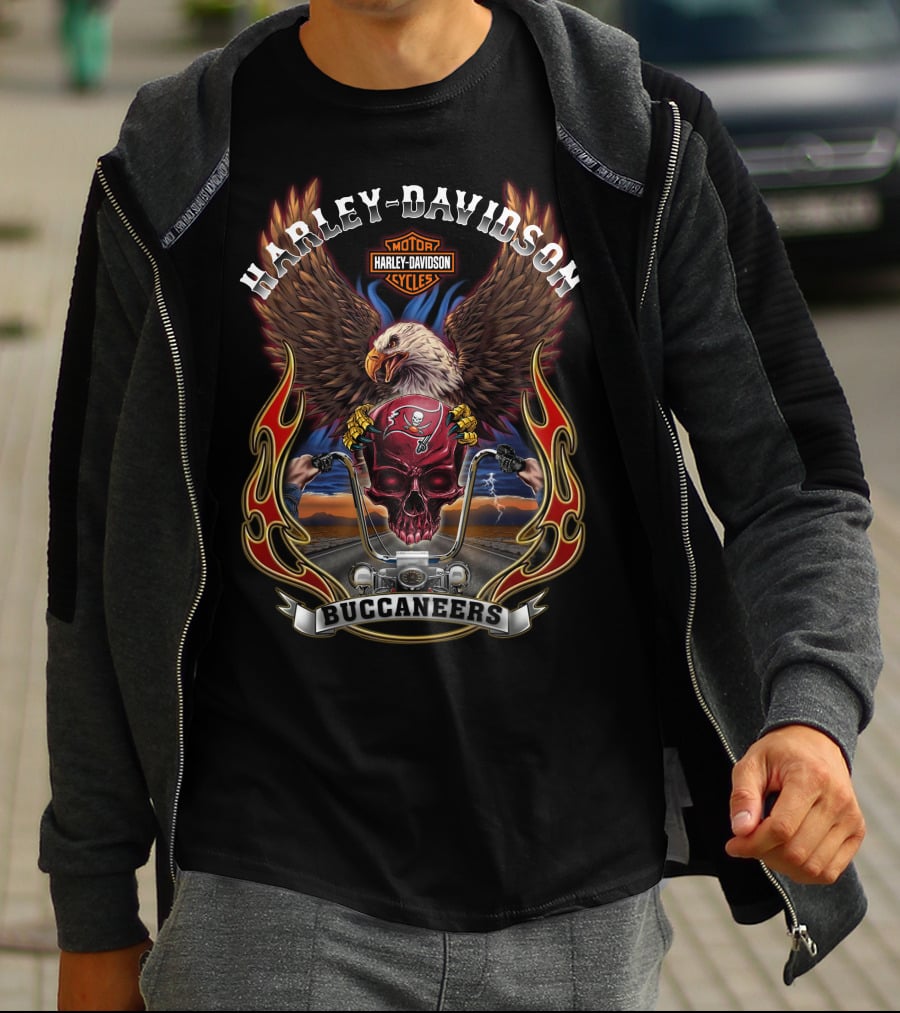 Harley Davidson Tampa Bay Buccaneers Motorcycle Eagle Flag Logo T-Shirt
