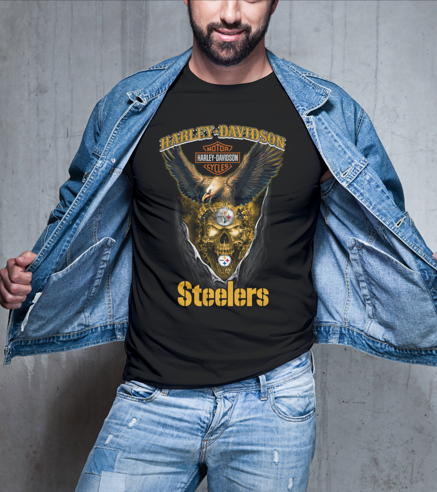 Harley Davidson Motor Cycles Pittsburgh Steelers Skull Eagle T-Shirt