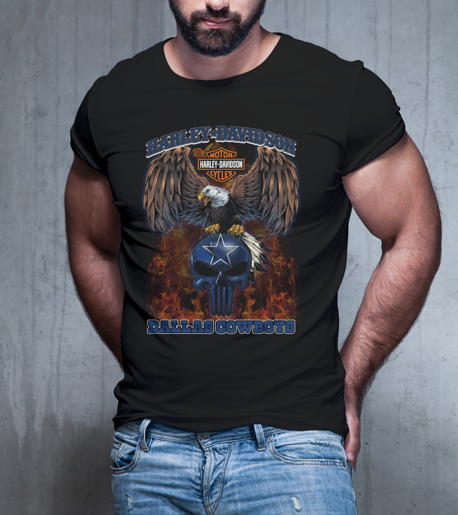 Harley Davidson Motor Cycles Eagle Skull Dallas Cowboys Nfl T-Shirt