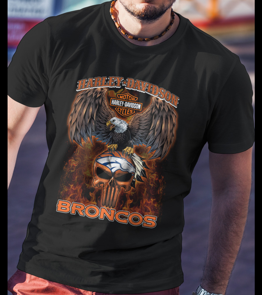 Harley Davidson Motor Cycles Eagle Broncos Nfl T-Shirt