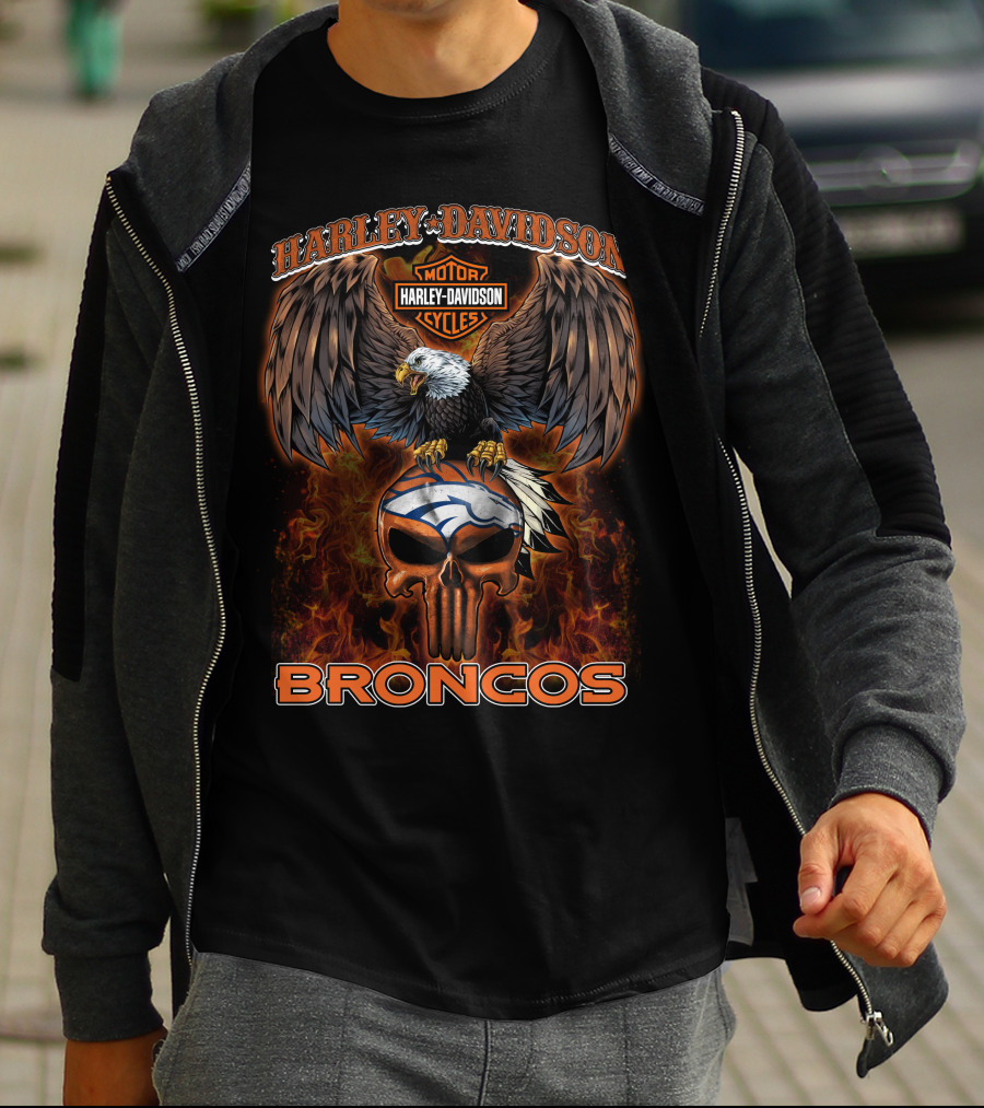 Harley Davidson Motor Cycles Eagle Broncos Nfl T-Shirt