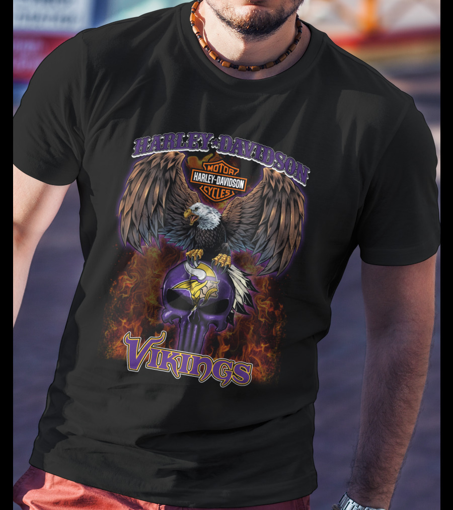 Harley Davidson Motor Cycles Minnesota Vikings Nfl Eagle Skull Flames T-Shirt