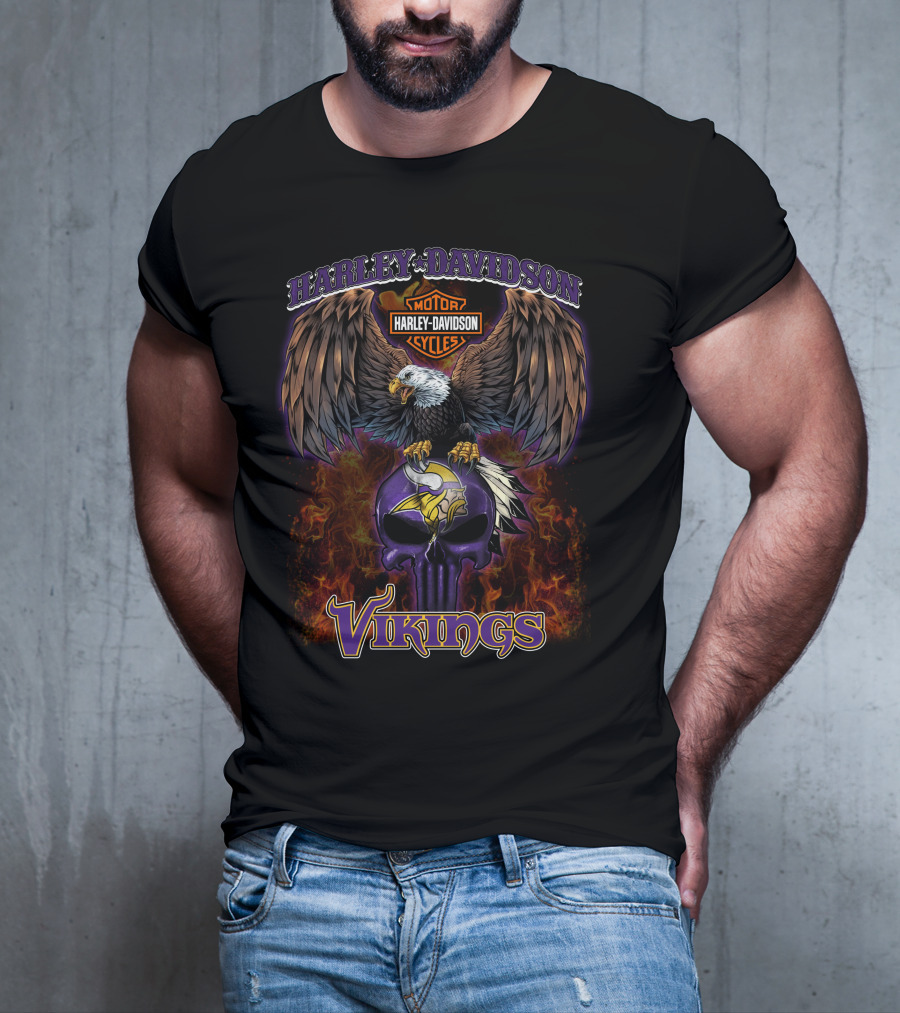 Harley Davidson Motor Cycles Minnesota Vikings Nfl Eagle Skull Flames T-Shirt