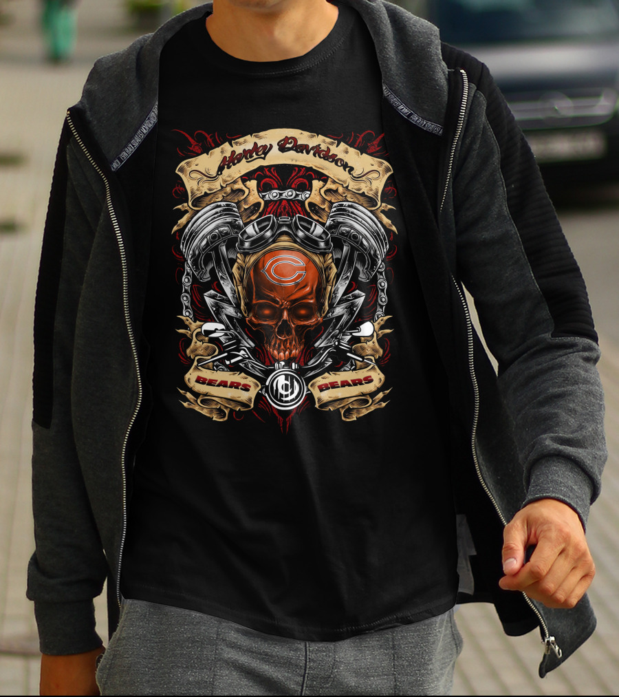 Harley Davidson Chicago Bears Nfl Skull And Pistons T-Shirt