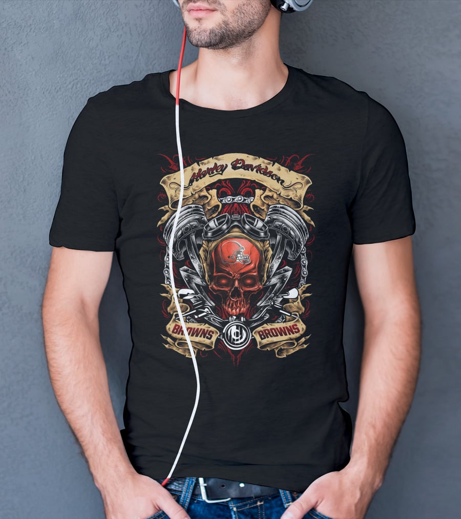 Cleveland Browns Nfl Harley Davidson Skull Helmet Engine Art Browns Browns T-Shirt