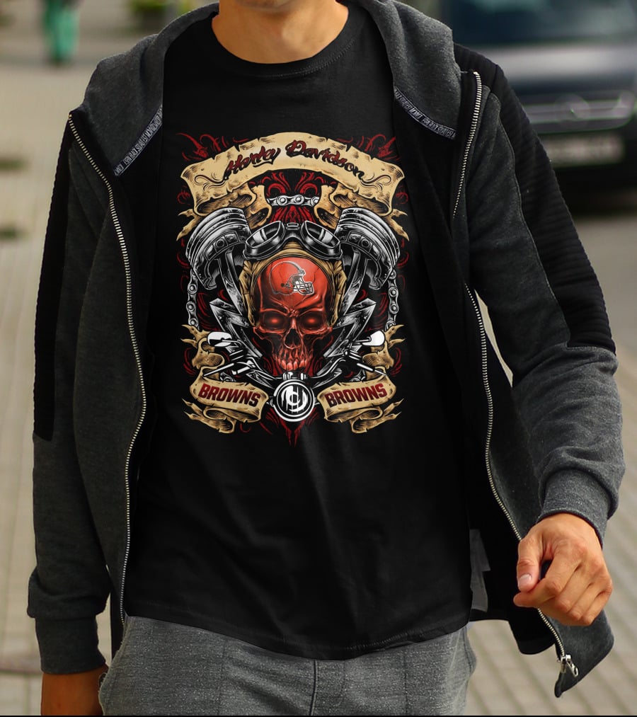 Cleveland Browns Nfl Harley Davidson Skull Helmet Engine Art Browns Browns T-Shirt