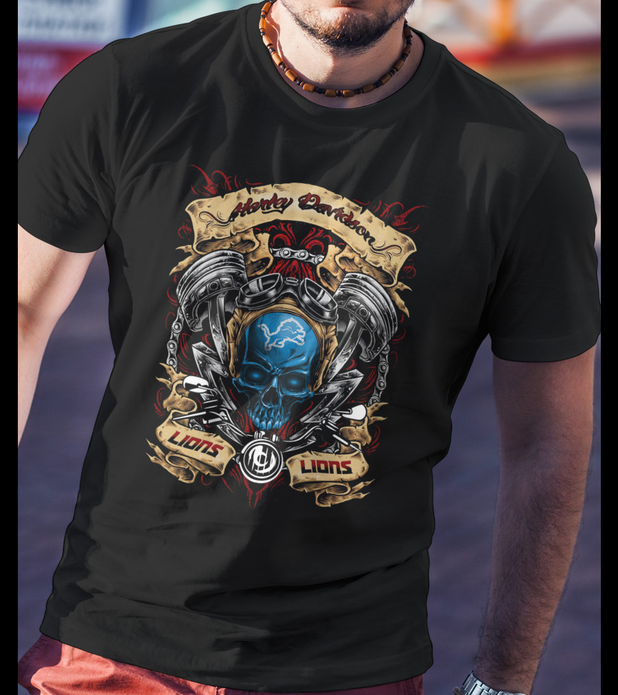 Harley Davidson Lions Detroit Lions Nfl Skull Engine T-Shirt