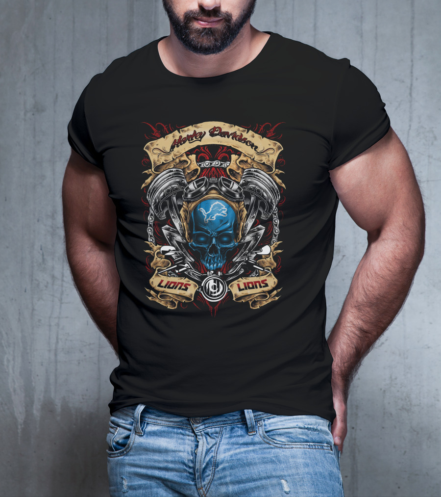 Harley Davidson Lions Detroit Lions Nfl Skull Engine T-Shirt