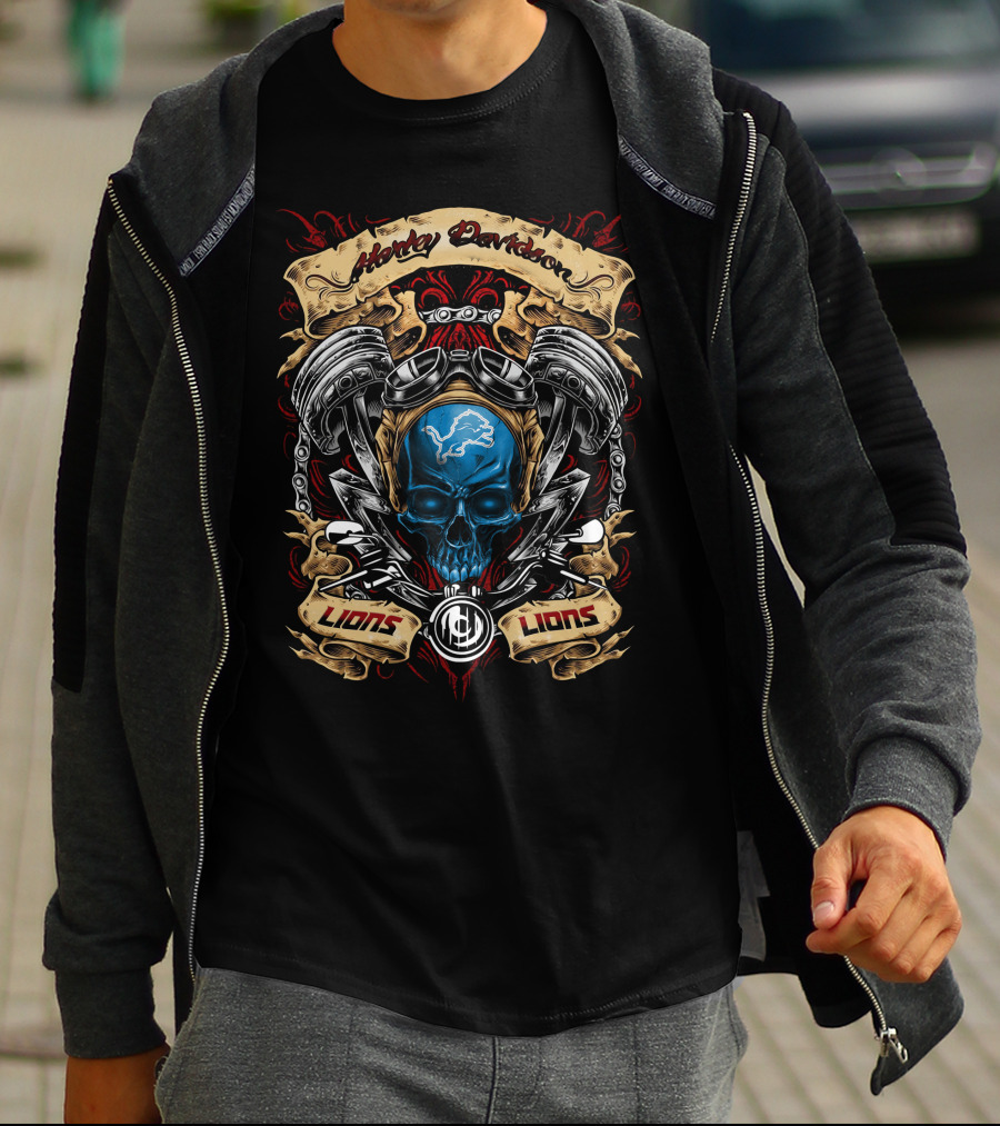 Harley Davidson Lions Detroit Lions Nfl Skull Engine T-Shirt