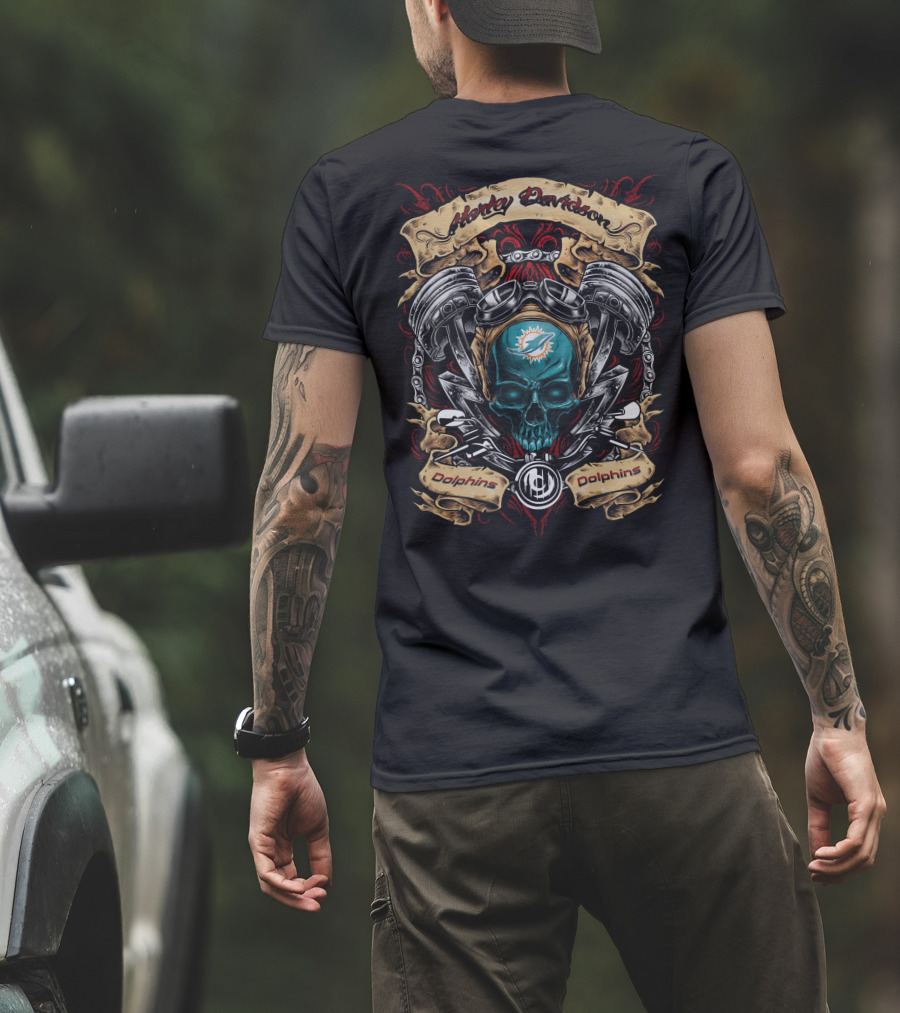 Harley Davidson Miami Dolphins Nfl Skull Engine T-Shirt