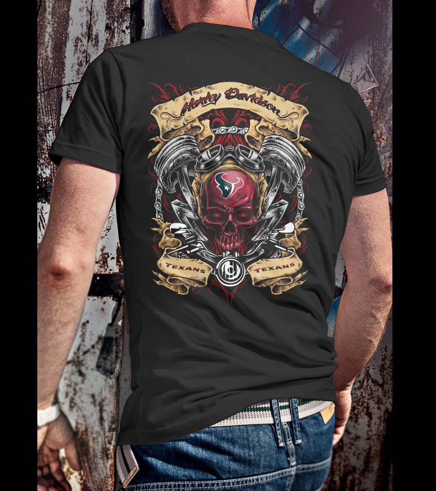 Houston Texans Harley Davidson Skull With Pistons And Helmets T-Shirt