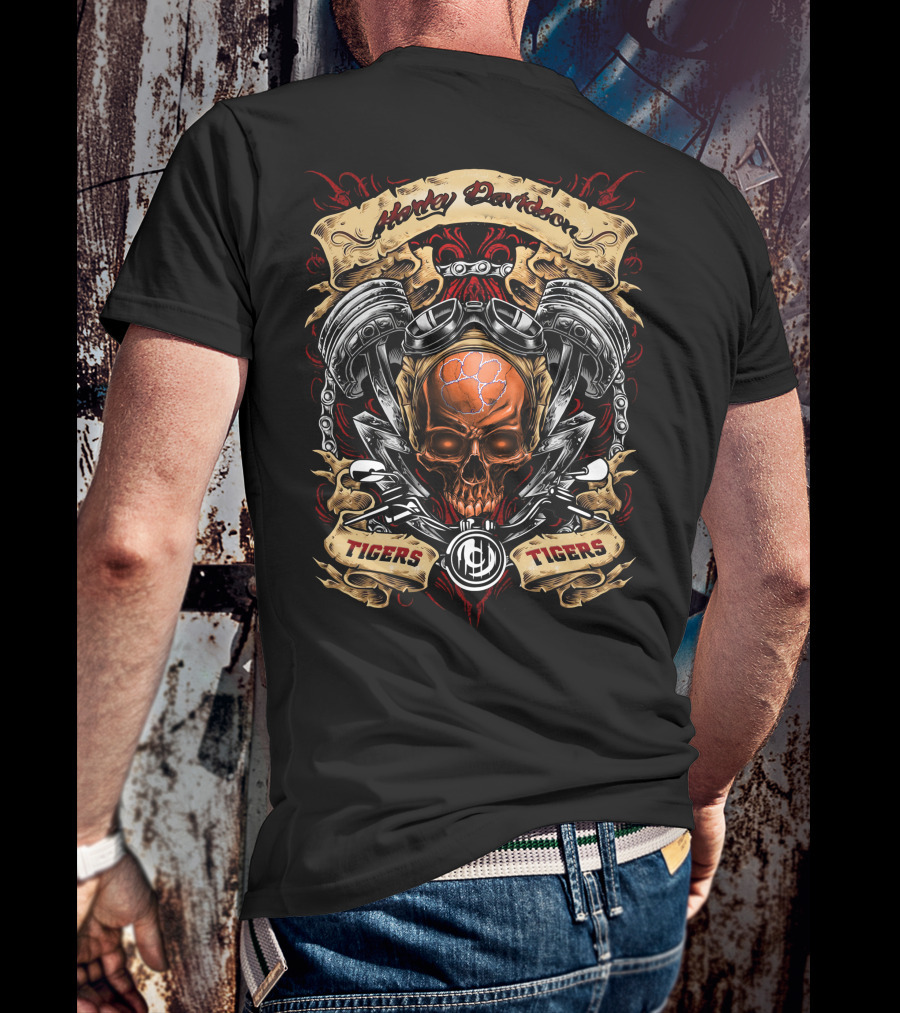 Harley Davidson Clemson Tigers Skull Engine Motif T-Shirt