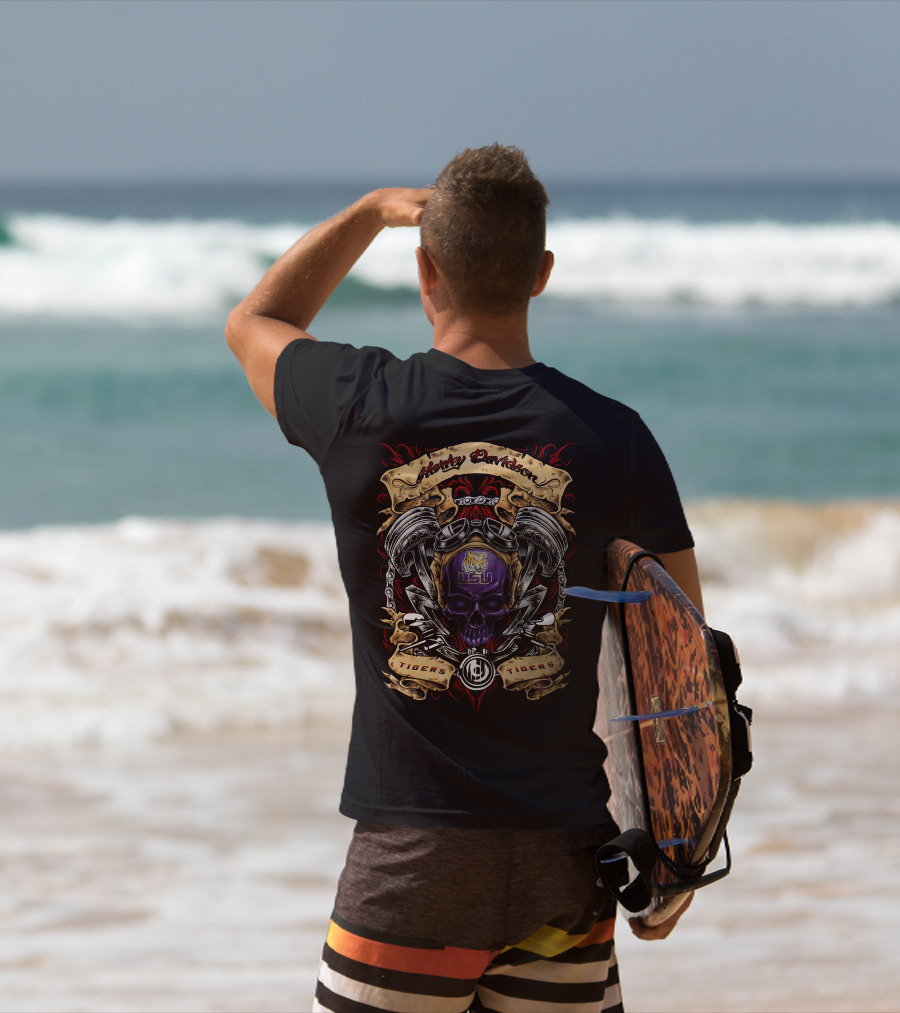 Lsu Tigers Harley Davidson Skull Motorbike Pistons Iconic Ncaa Team Branding T-Shirt