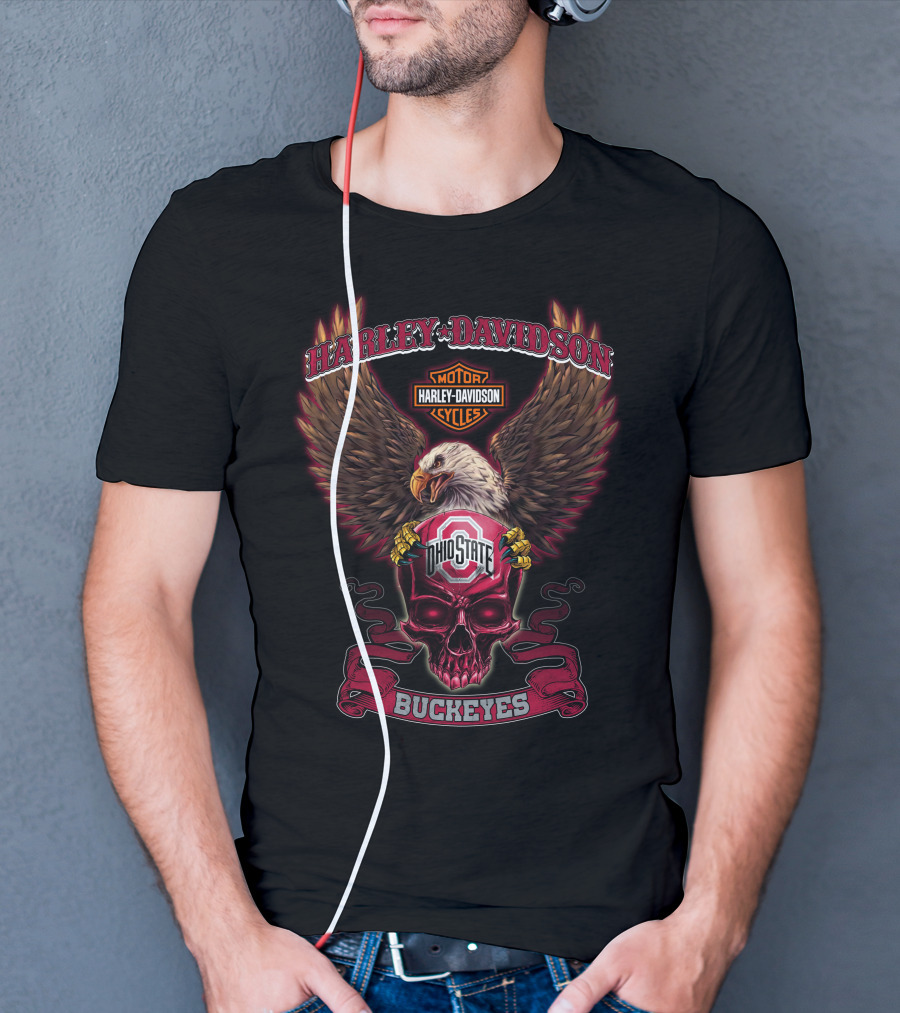 Harley Davidson Motor Cycles Ohio State Buckeyes Eagle Skull T-Shirt