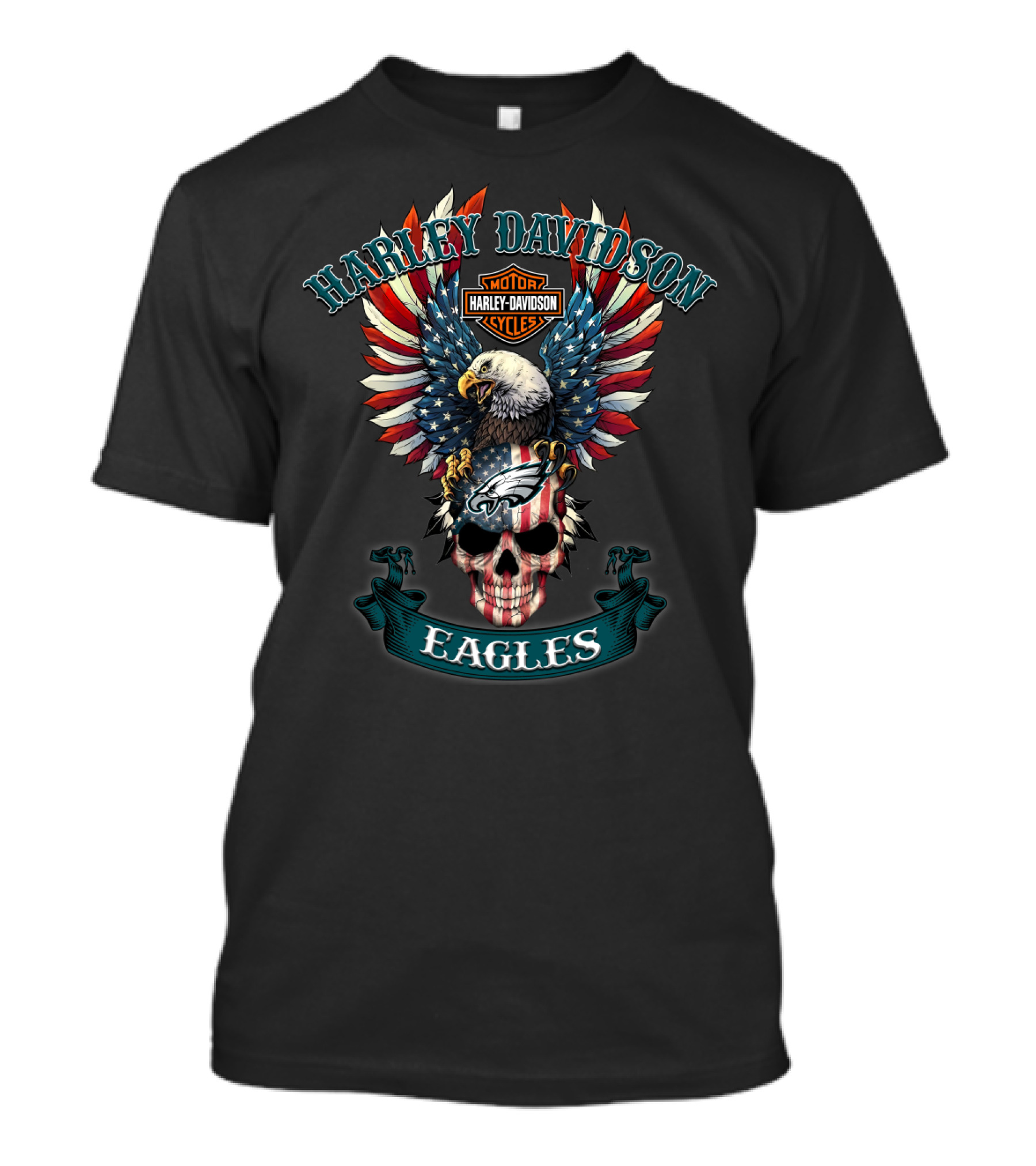 Harley Davidson Motorcycles Eagles Nfl Skull American Flag T-Shirt