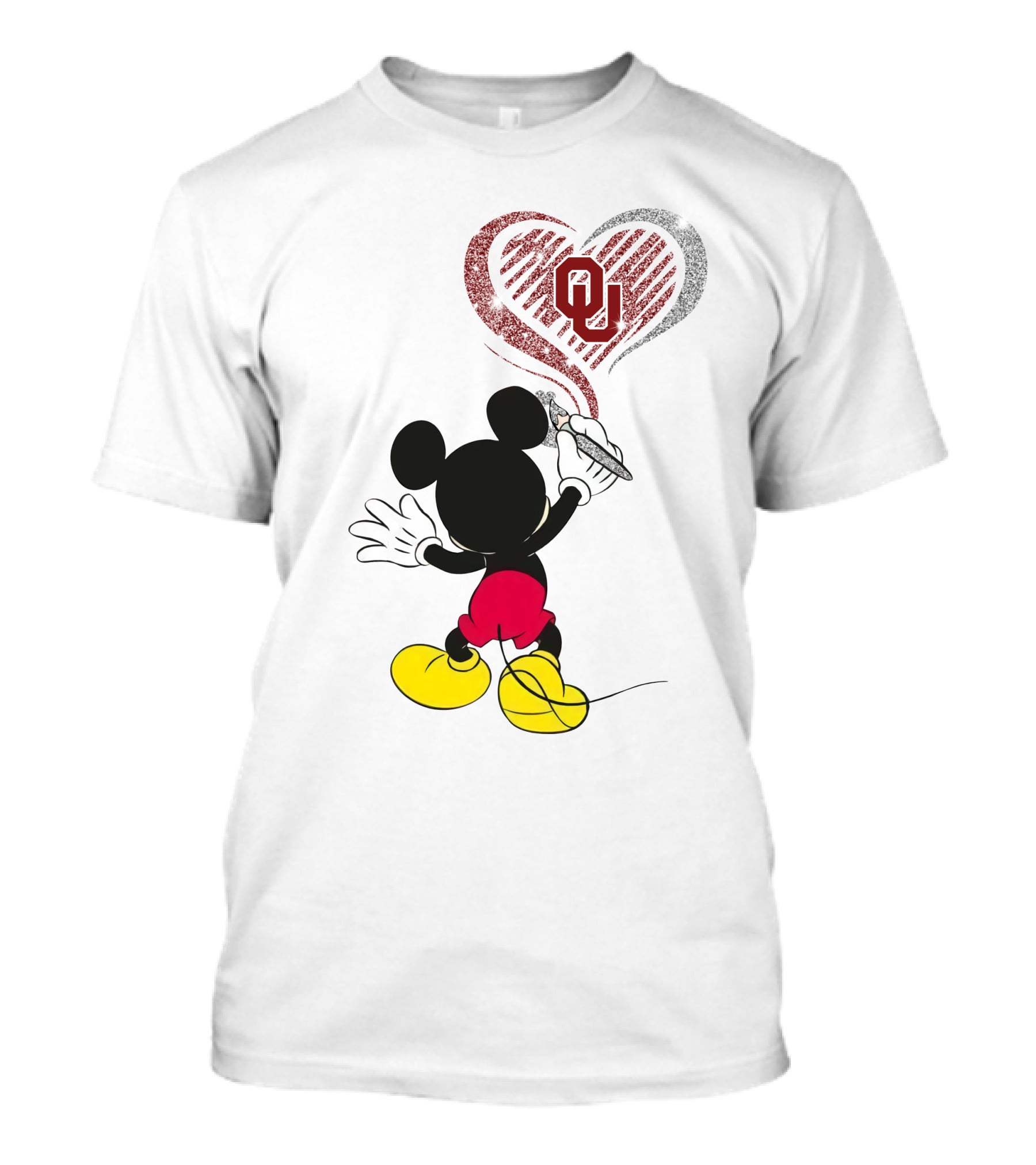 Mickey Painting Heart With Ou Logo In Oklahoma Colors T-Shirt