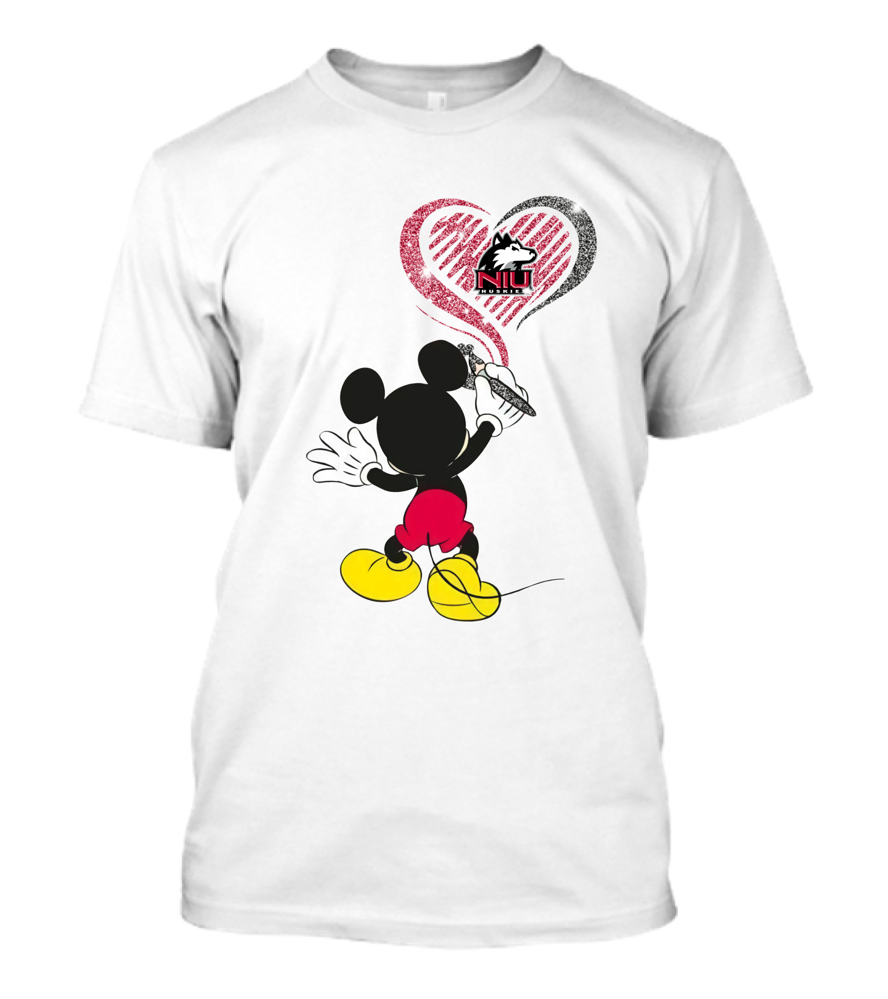 Mickey Mouse Drawing Northern Illinois University Huskies Logo In Heart Shape T-Shirt