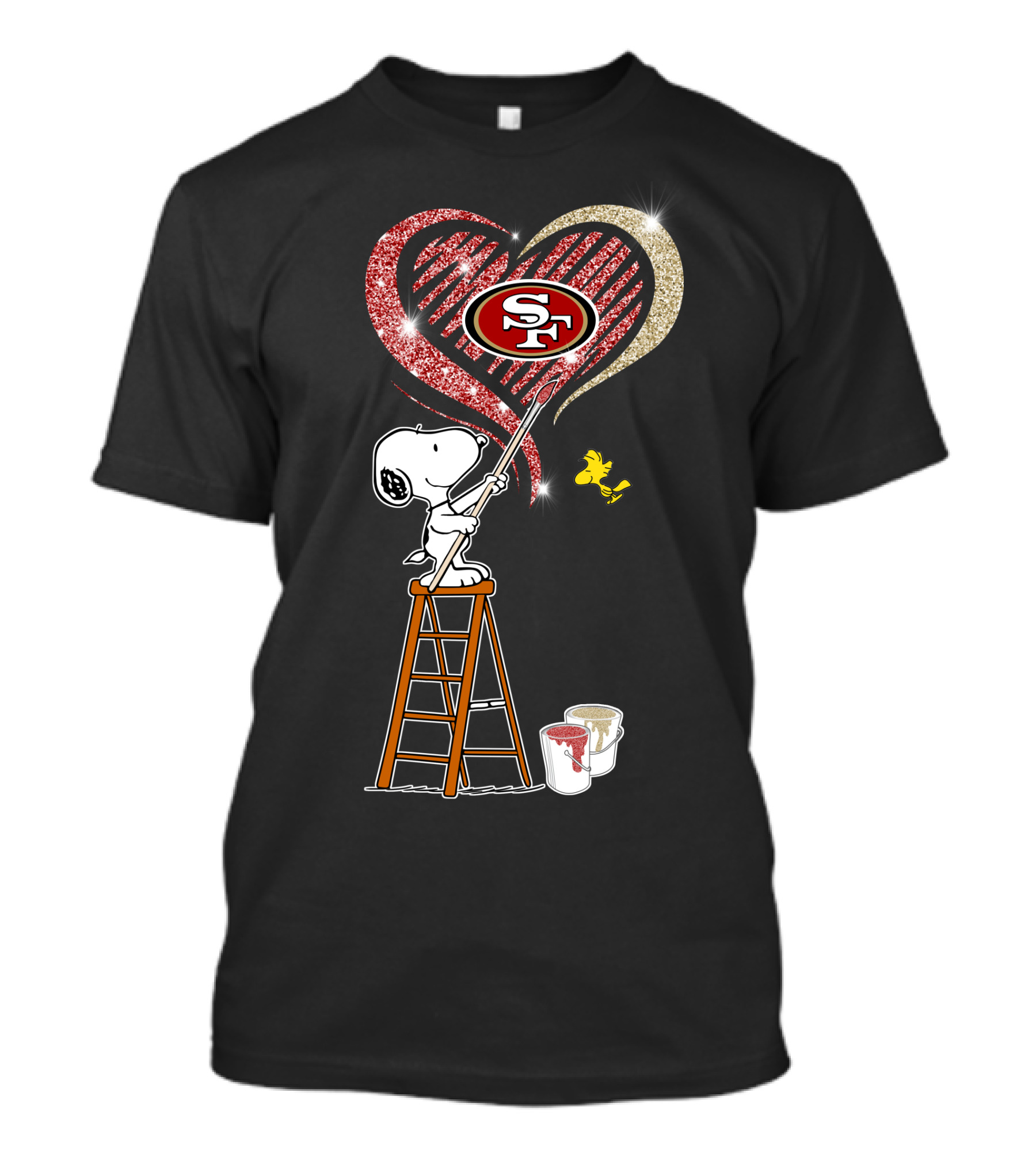 Snoopy Painting San Francisco 49ers Heart With Woodstock T-Shirt