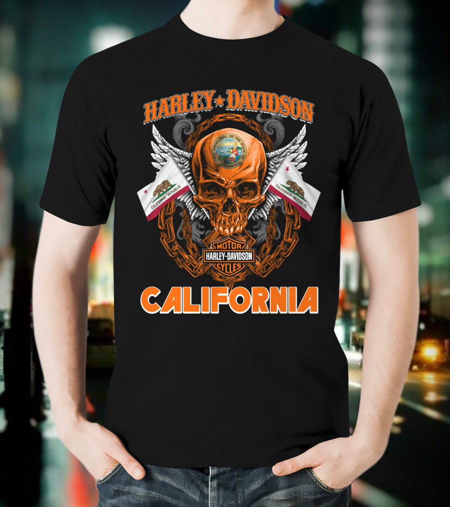 Harley Davidson California Skull Emblem With State Flag And Wings T-Shirt